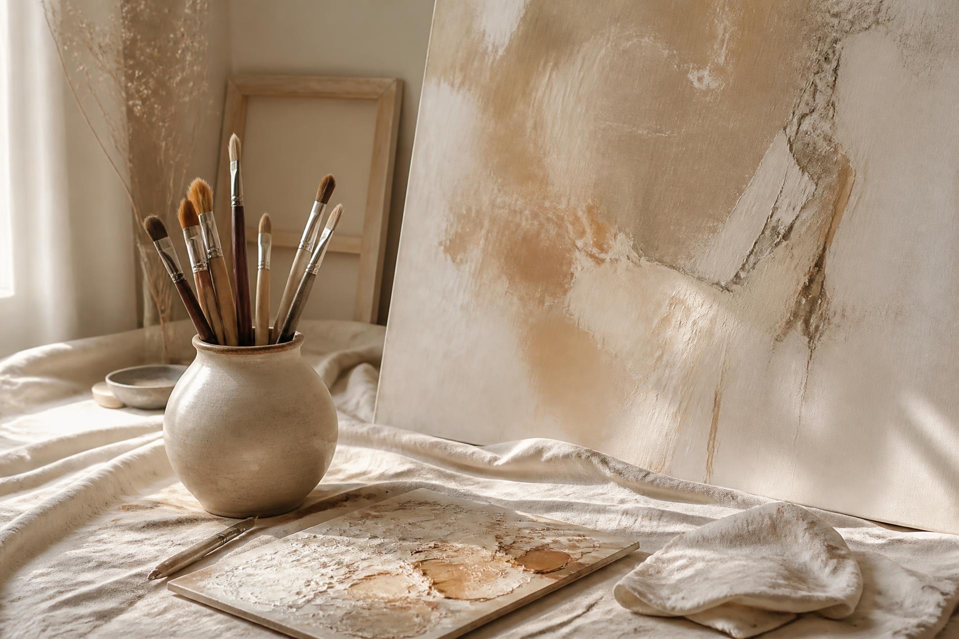 An artist's corner with paintbrushes in a ceramic jar beside an unfinished canvas in warm neutral tones