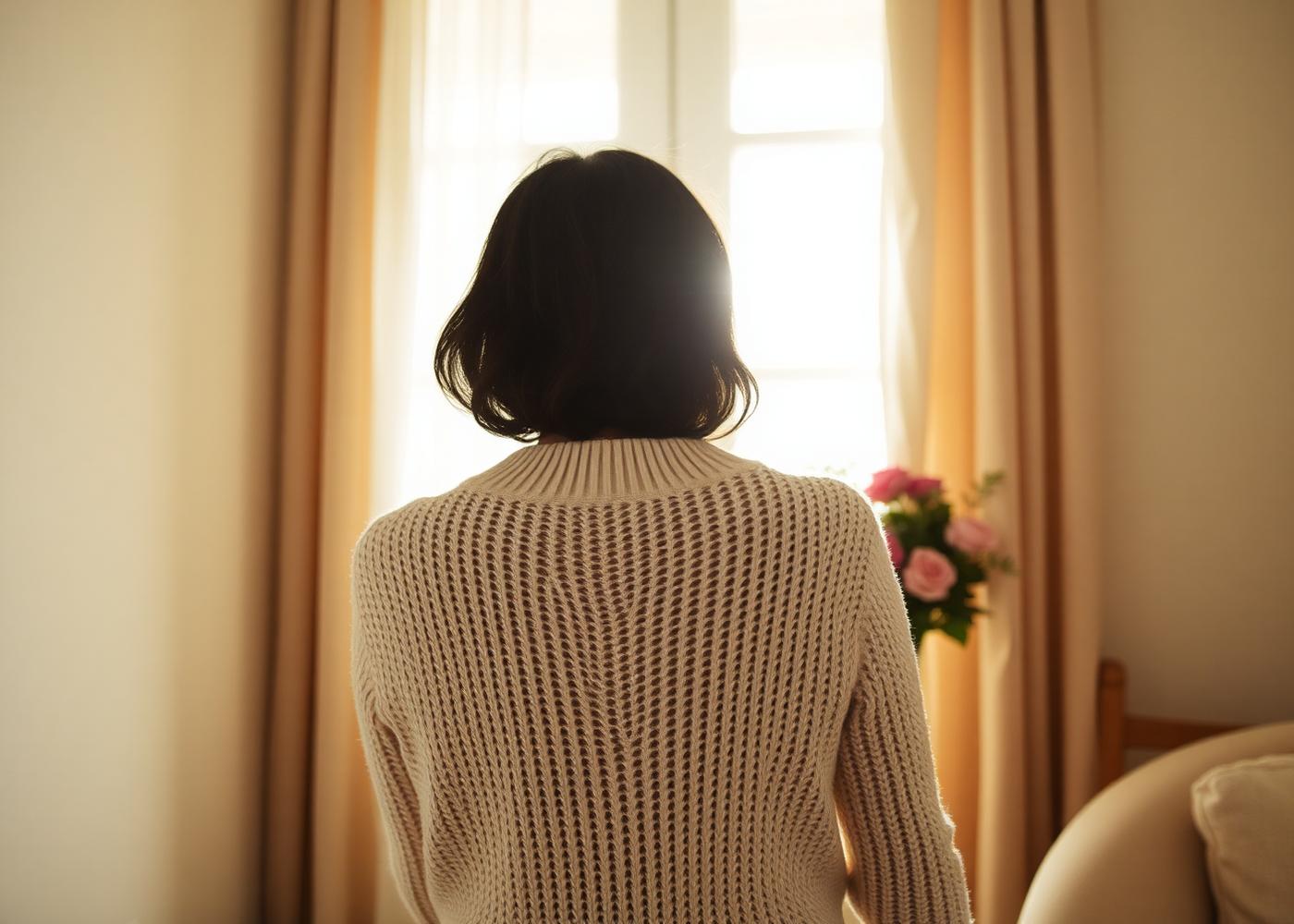 A woman seated by a sunlit window, seen from behind, in a quiet moment of reflection