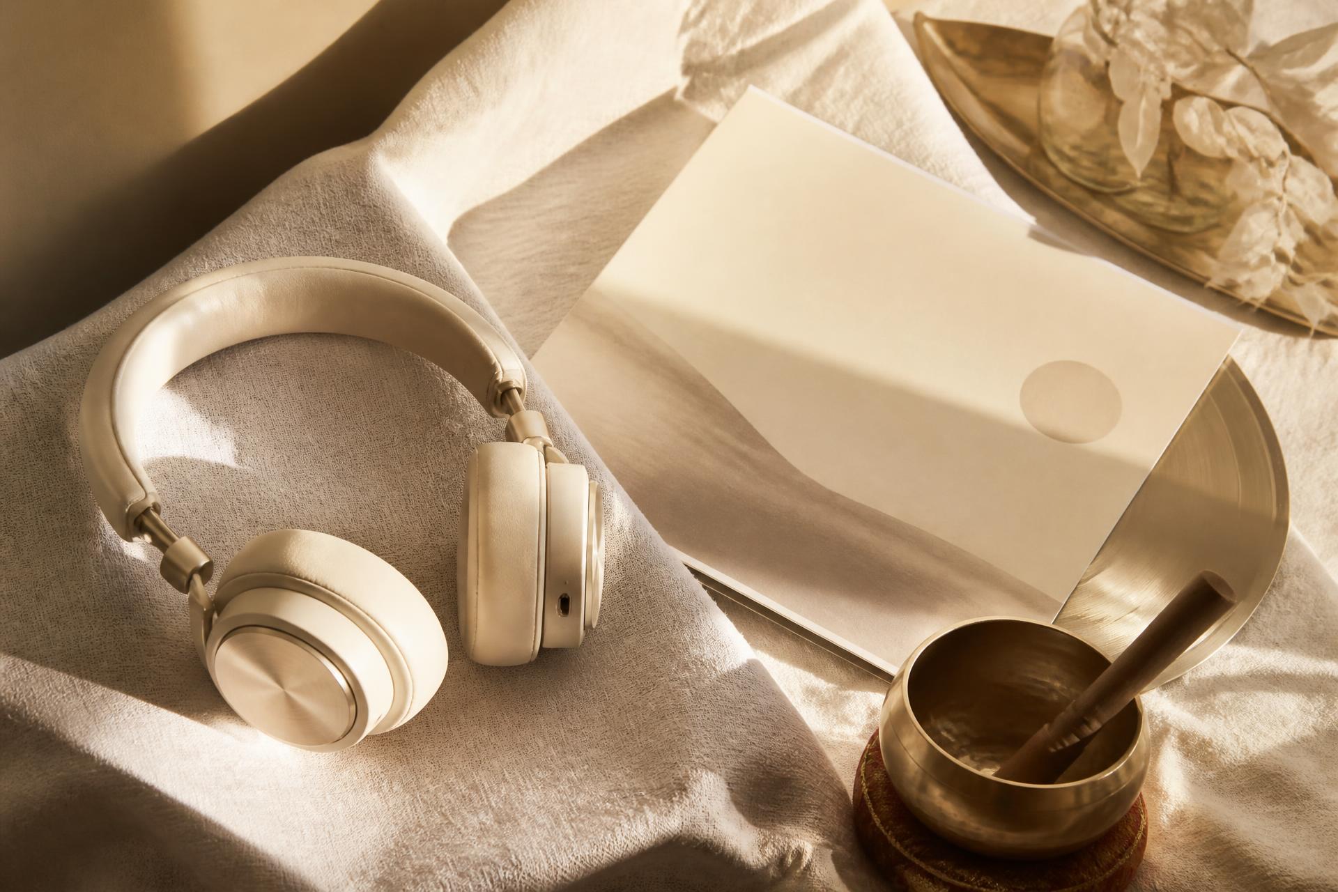Cream headphones resting beside a record sleeve and a small brass singing bowl on pale linen