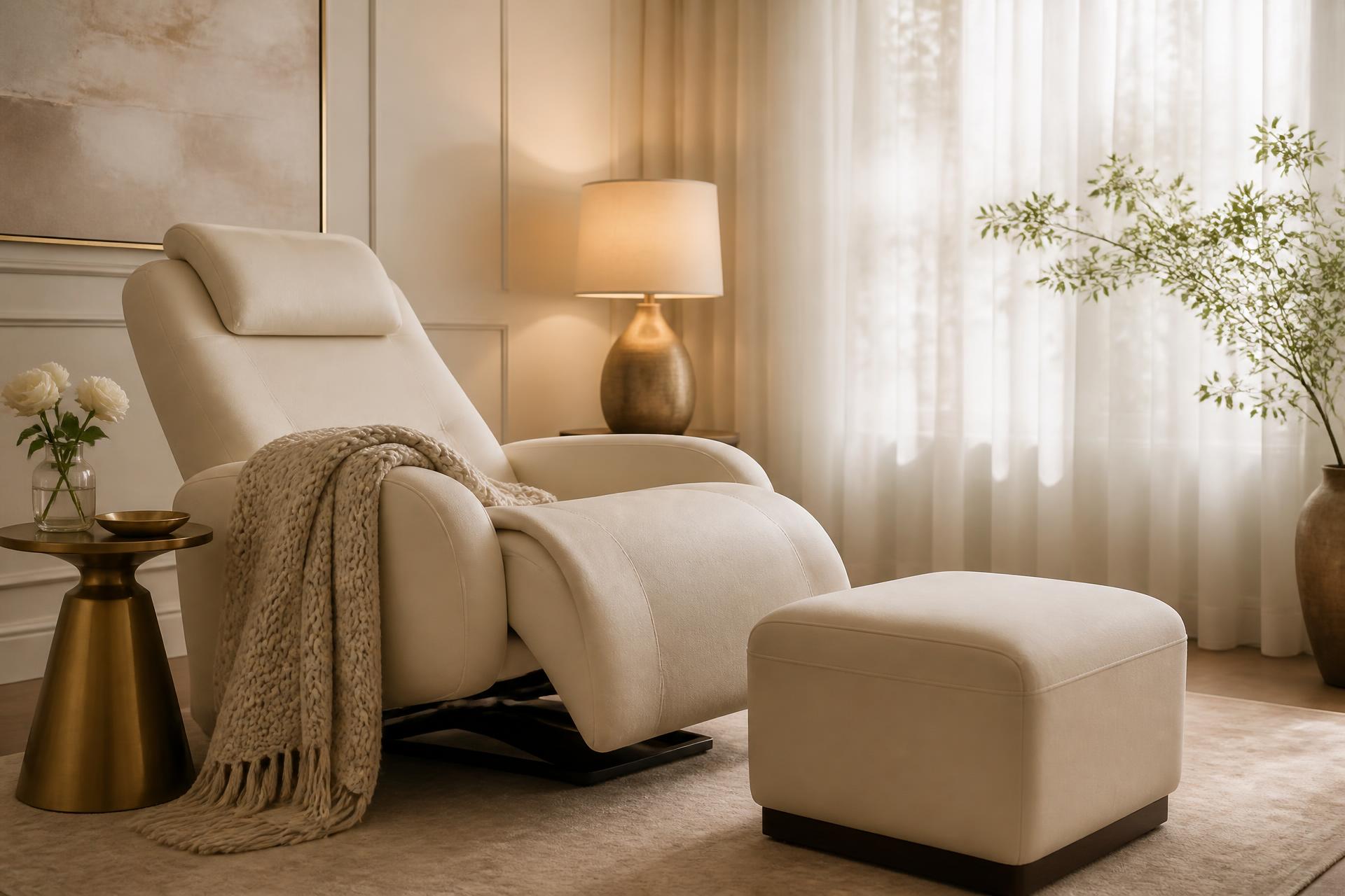 A reclining cream lounge chair with a knit throw and low warm lamp in a quiet room
