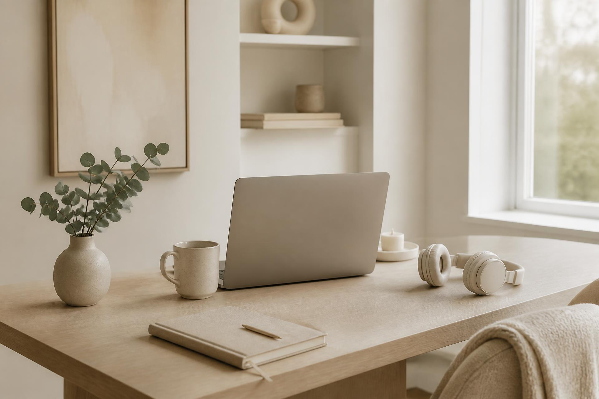 A calm home workspace prepared for an online session: laptop, notebook, headphones and eucalyptus on a pale oak desk