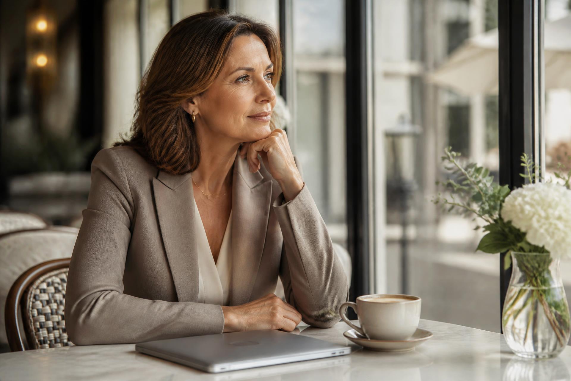 A professional woman in a taupe blazer sitting thoughtfully at a bright cafe table with a closed laptop