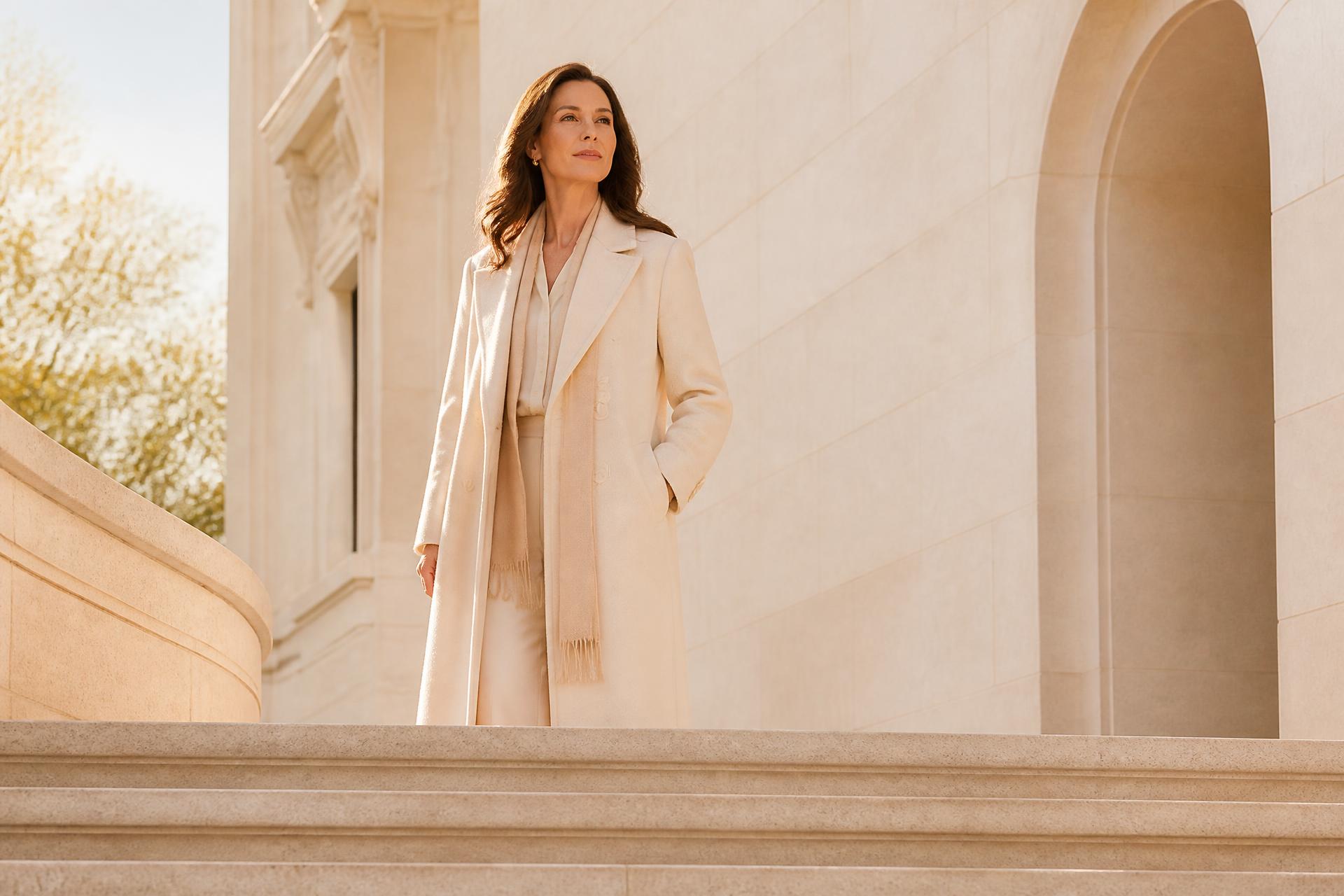 A woman in a cream coat standing at the top of a sunlit stone staircase, looking ahead