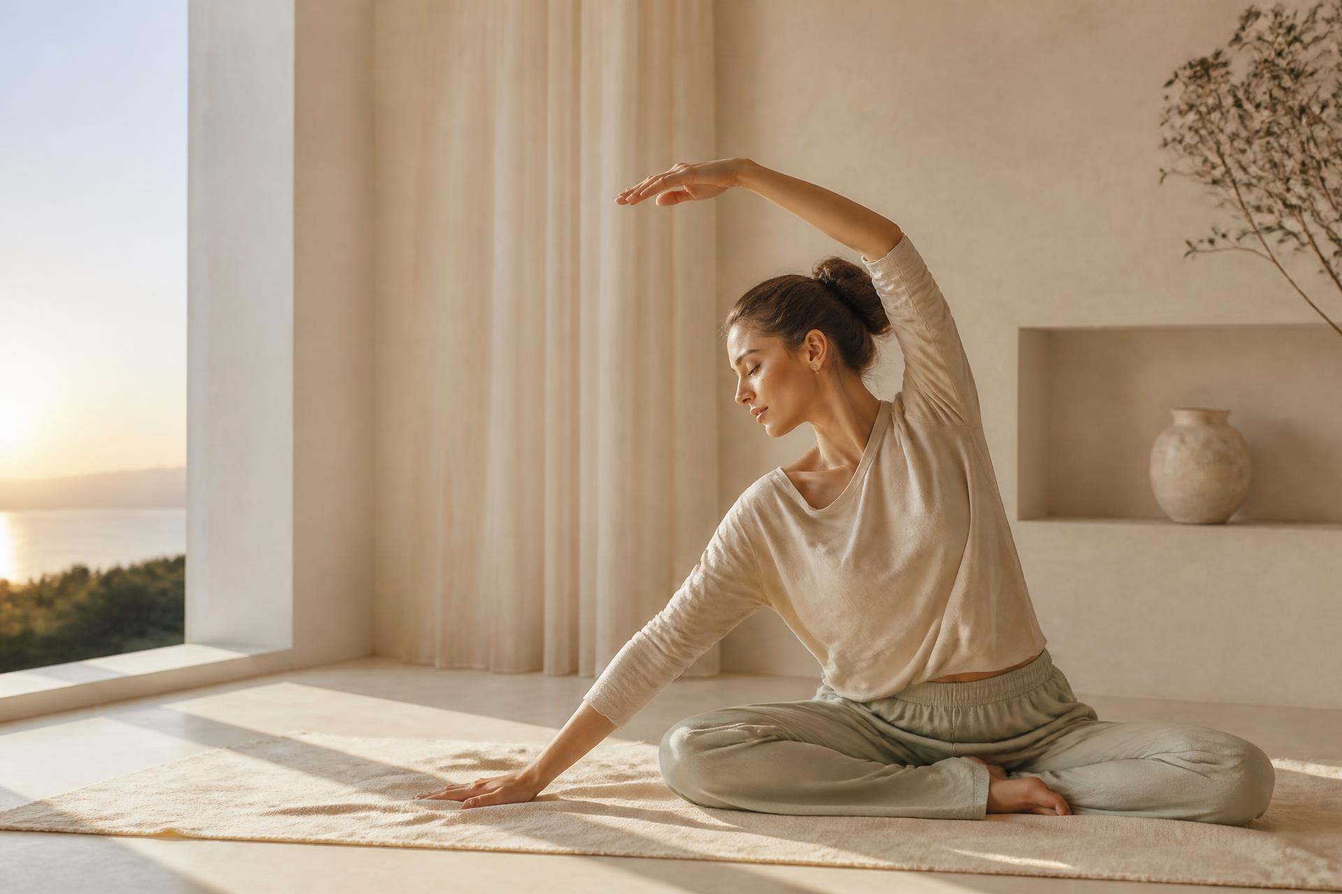 A woman stretching gently on a linen mat beside a wide window at sunrise