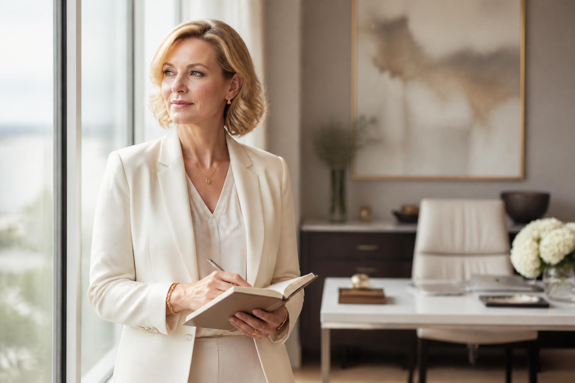 A professional woman in a cream blazer standing at a bright office window with a notebook