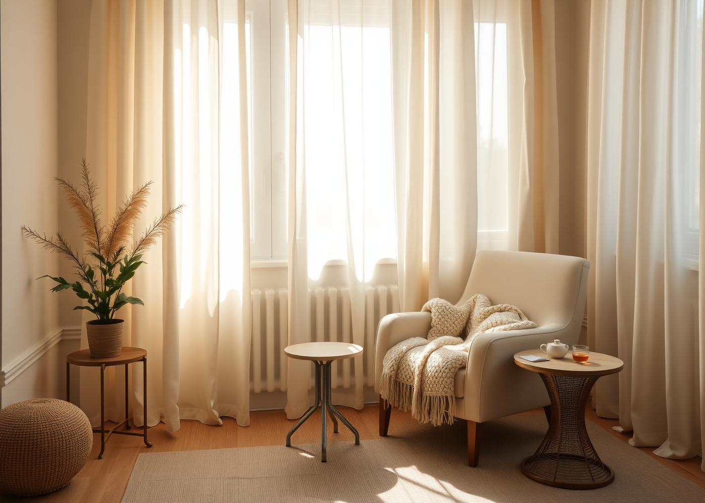 A calm sunlit room with a cream armchair, knit throw and sheer curtains
