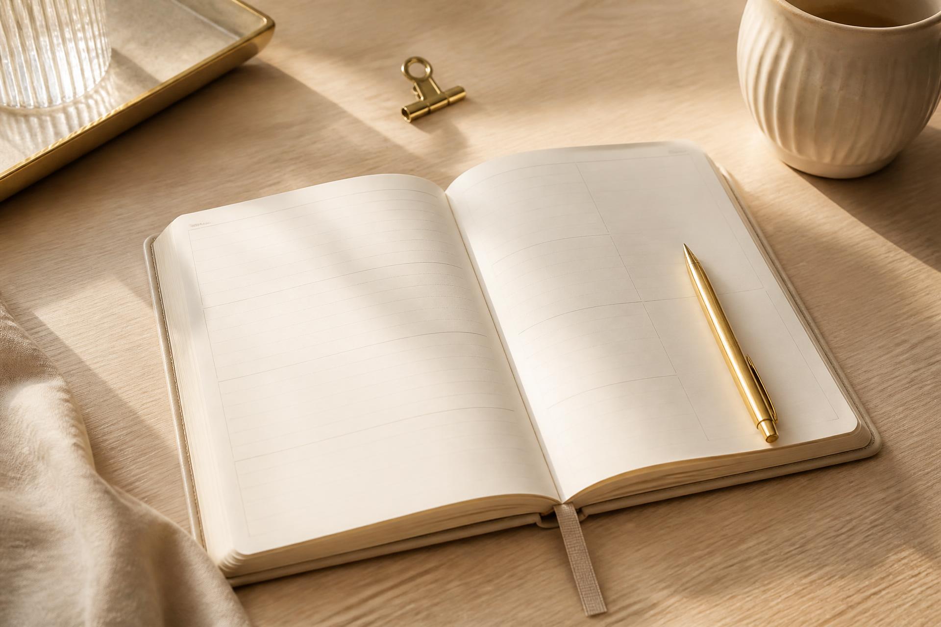 An open planner with blank pages, a gold pen and a ceramic cup on a sunlit oak desk
