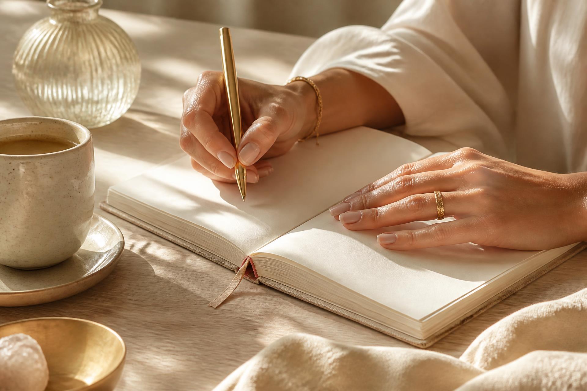 A woman's hands writing in a linen-bound journal on a sunlit table beside a ceramic cup