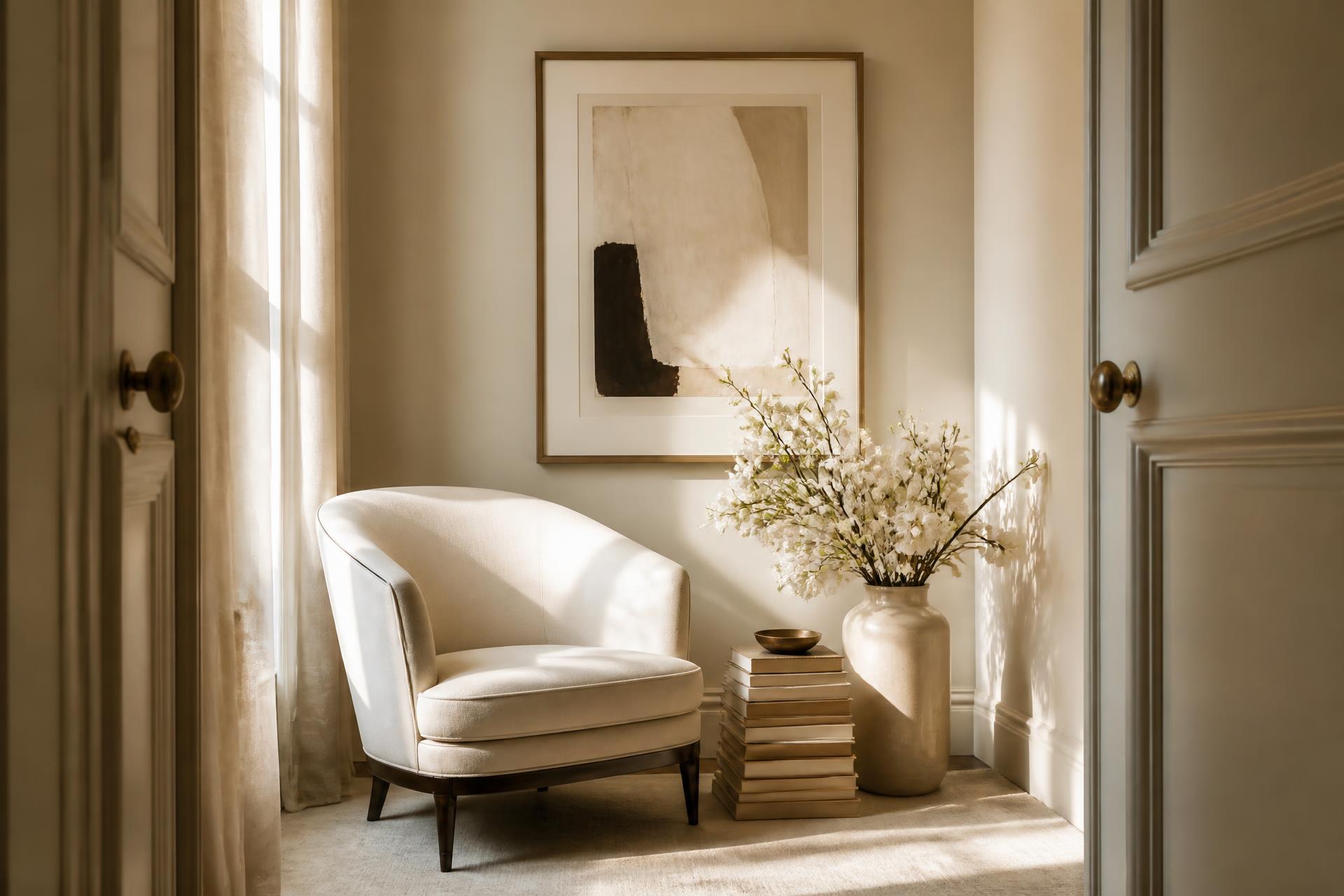 A quiet sunlit alcove with a cream chair, a stack of books, framed art and white blooms