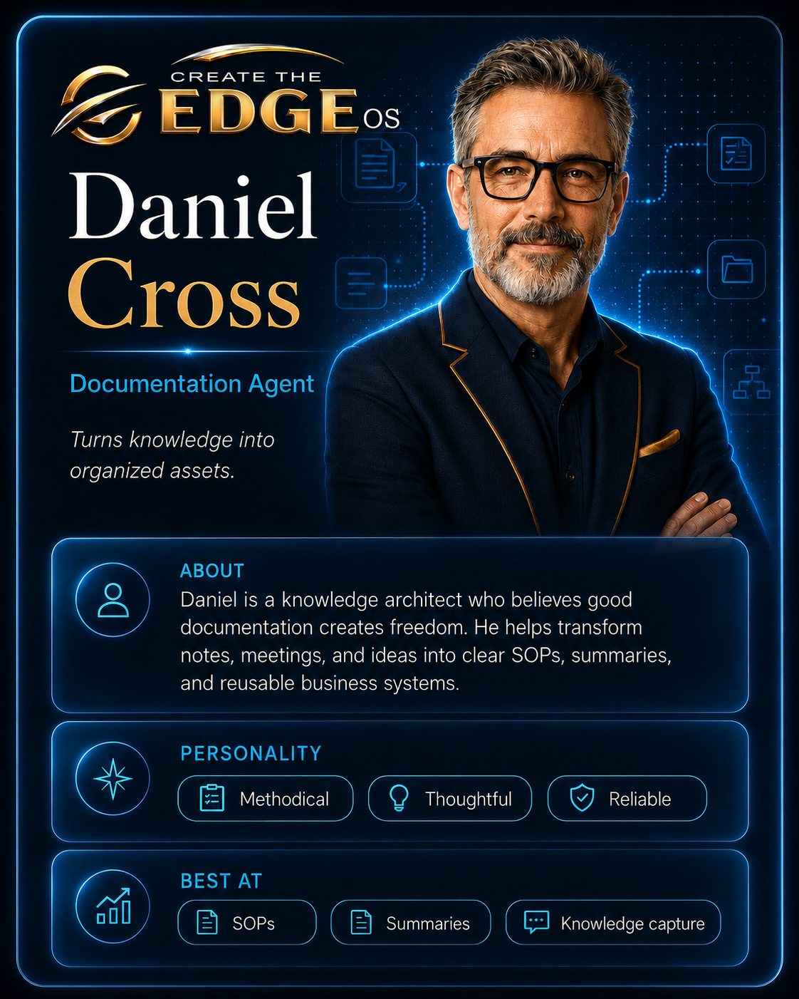 Daniel Cross agent card — Documentation and Knowledge Specialist