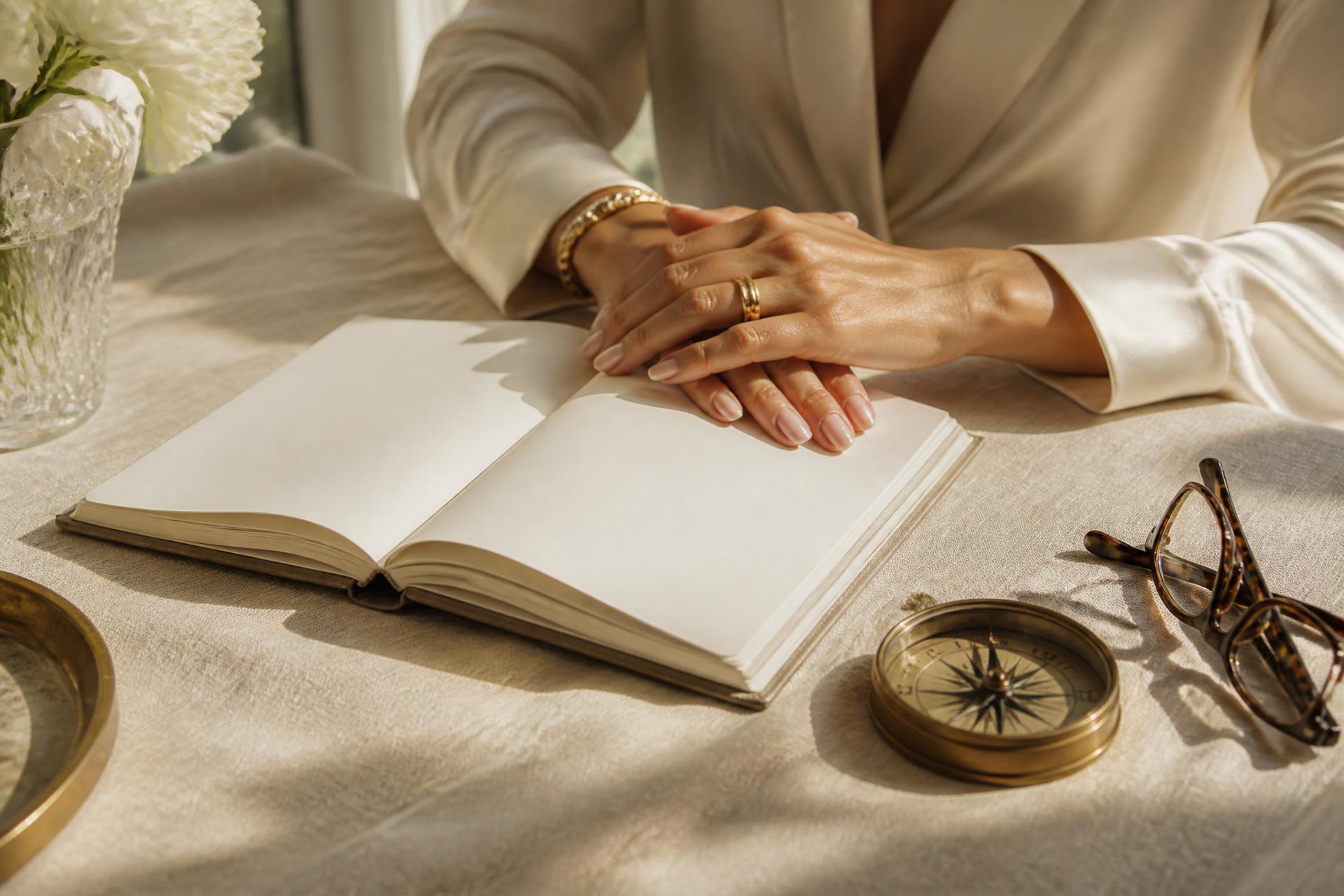A woman's hands resting over an open blank notebook beside a brass compass and reading glasses