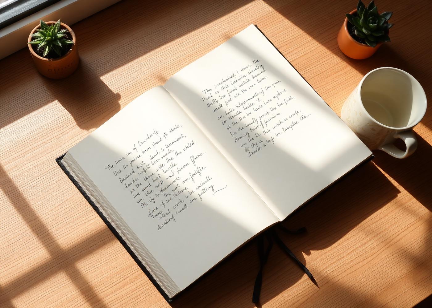 An open handwritten journal on a sunlit desk beside a mug and a small plant