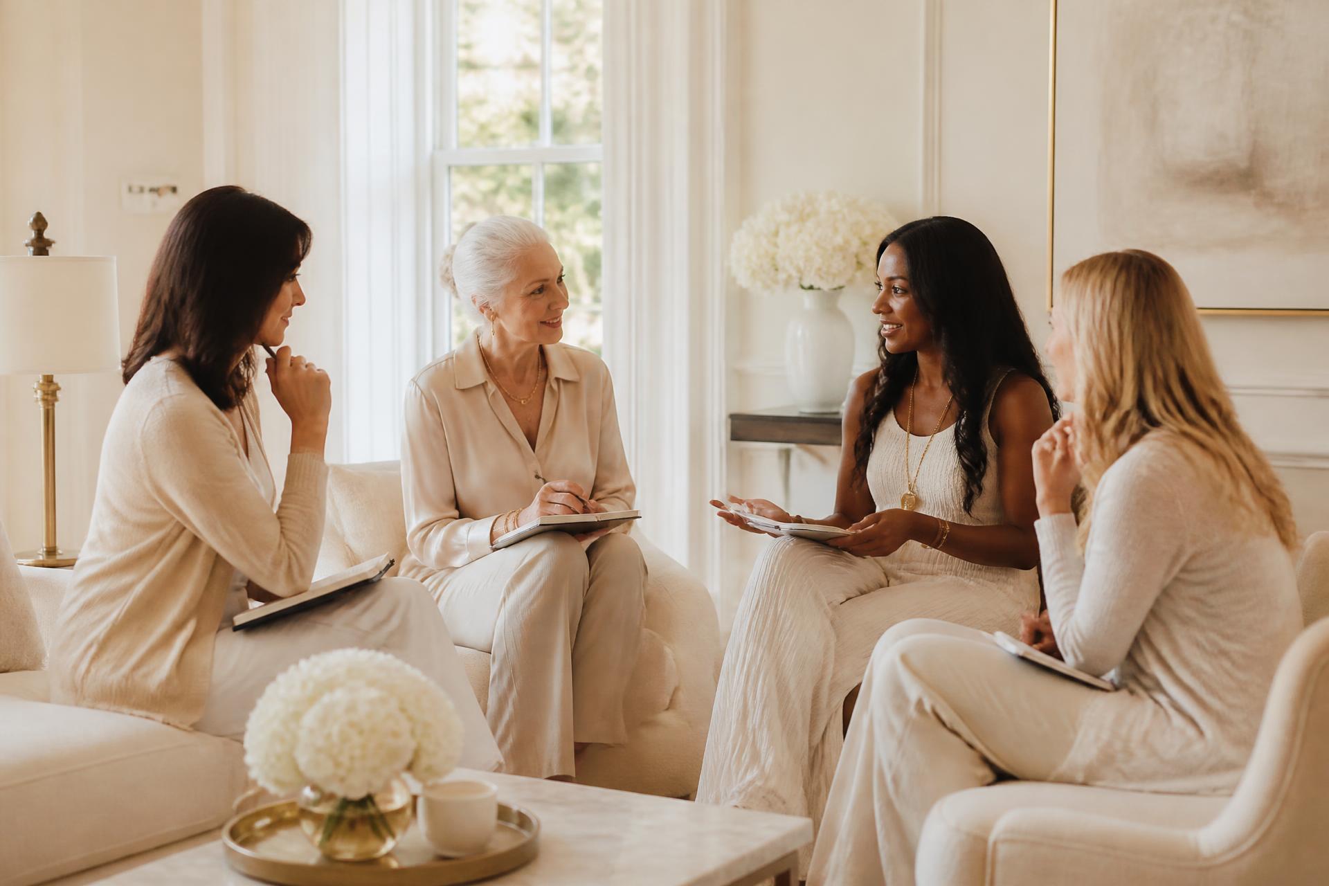 Four women of different ages seated in a circle in a sunlit room, in warm conversation with notebooks