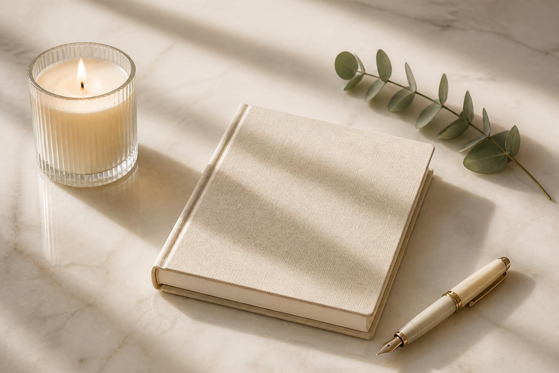 A lit candle, a closed linen notebook and a fountain pen on a pale marble table in morning light