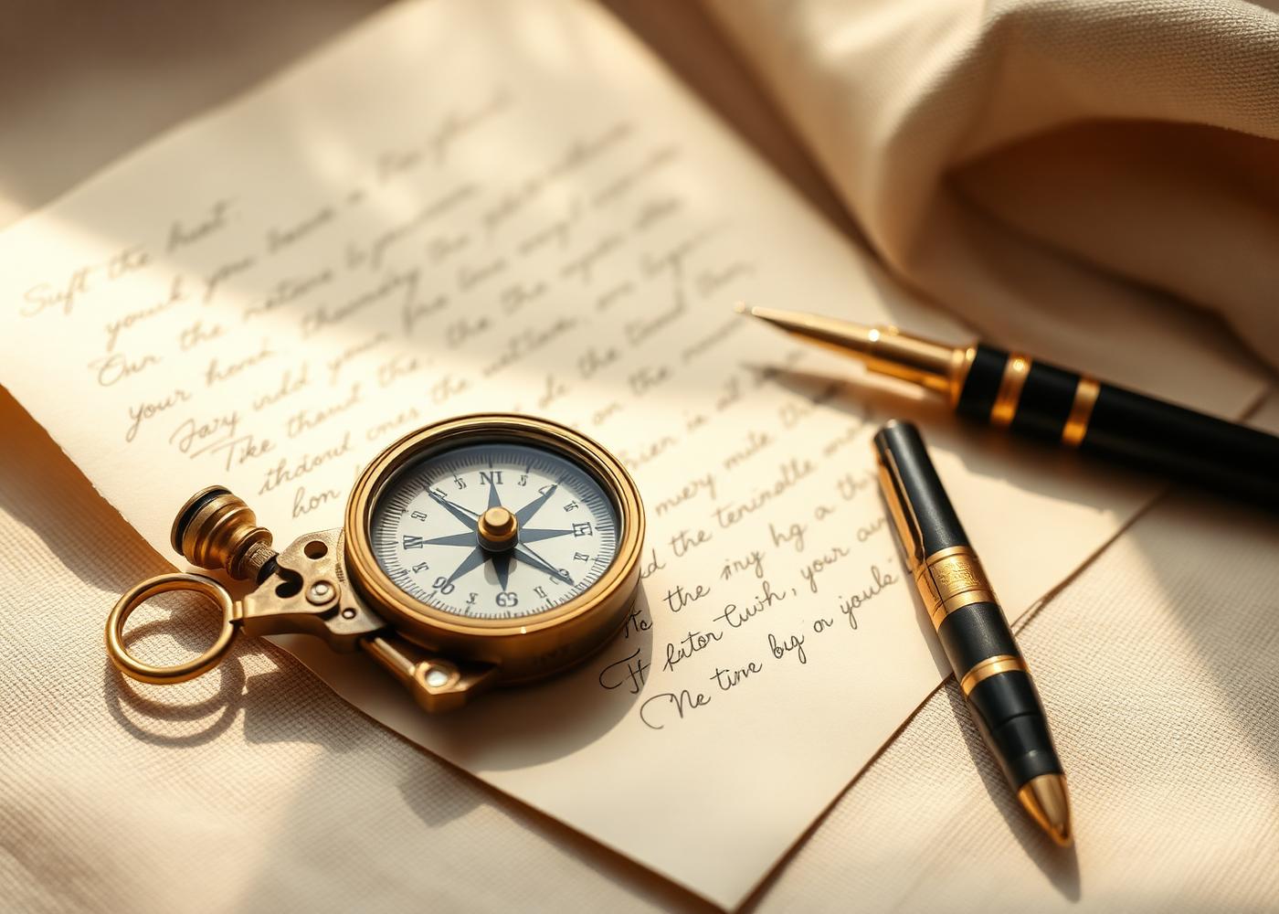 A brass compass resting on handwritten letters beside a pen
