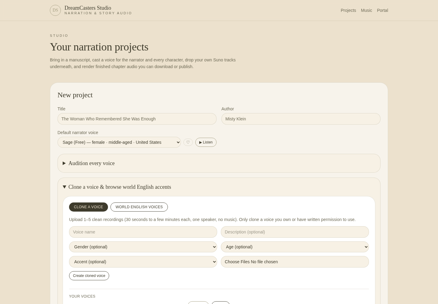Voice Lab: permitted personal voice clones are created from uploaded audio samples with a consent notice, and the World English voices browser adds accent voices to the Studio catalog.