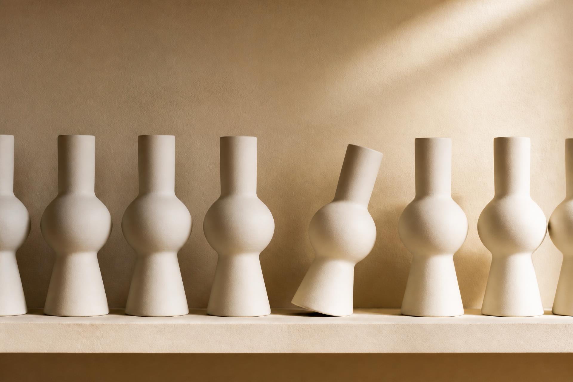 A row of identical cream ceramic vessels on a shelf with one deliberately turned out of line