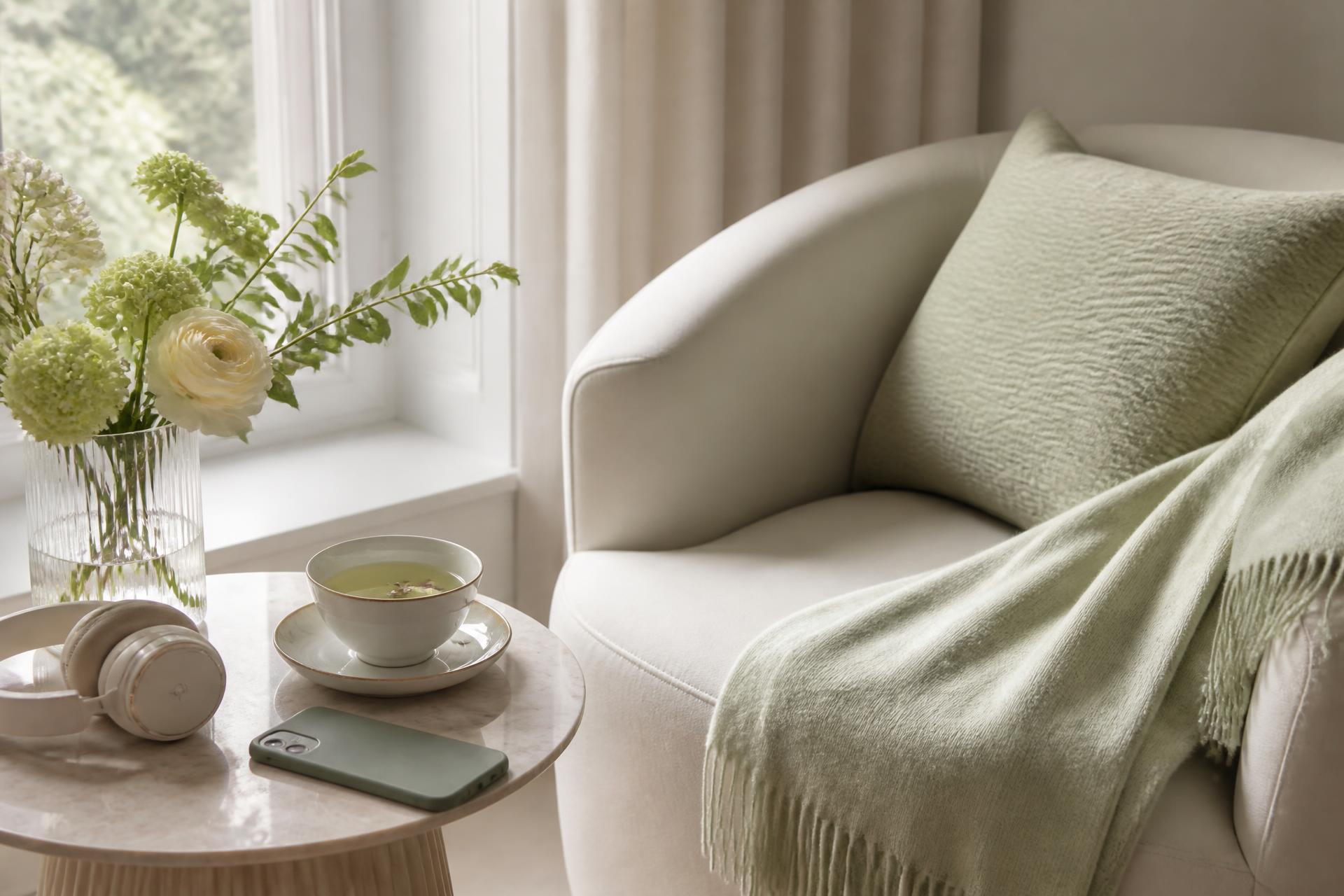 A quiet armchair corner with a folded throw, herbal tea, headphones and a face-down phone