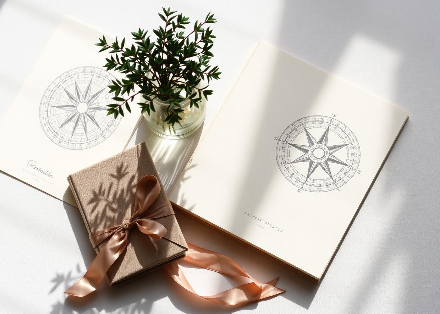 Compass rose charts and a ribbon-tied notebook in soft daylight