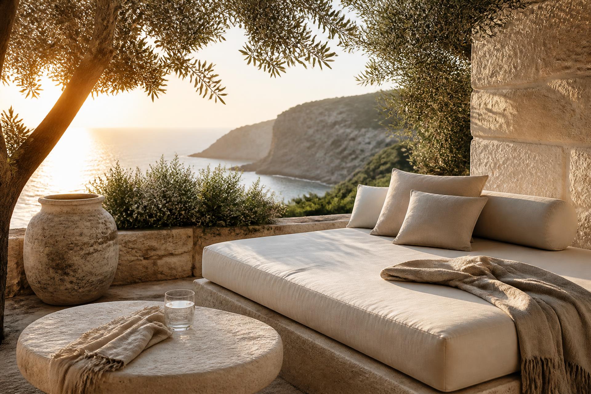 A serene retreat terrace at golden hour with a linen daybed, stone table and olive branches