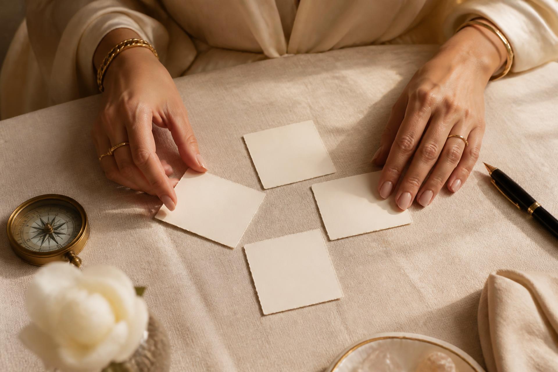 A woman's hands arranging four blank cream cards in a cross shape beside a brass compass