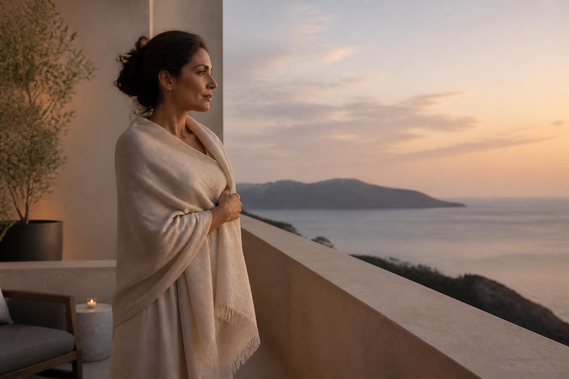A woman wrapped in a cream shawl standing on a quiet balcony at dusk, looking out calmly