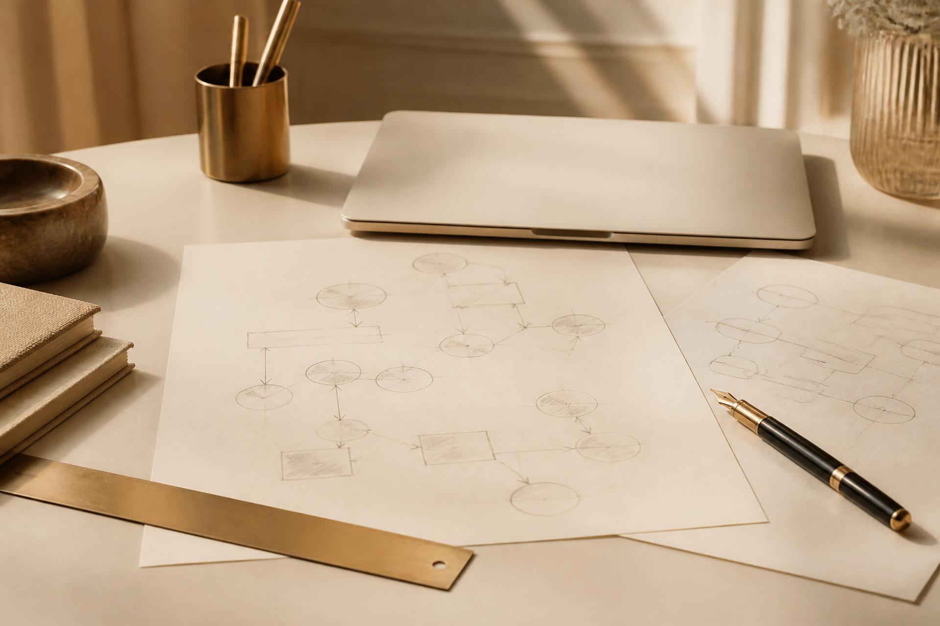 Hand-drawn flow diagrams in pencil on cream paper beside a closed laptop, brass ruler and fountain pen