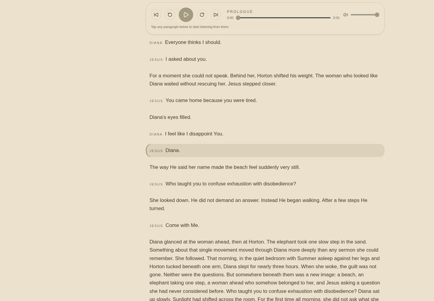 Library reader: synchronized chapter playback with per-speaker labels — tap any paragraph to start listening from there.