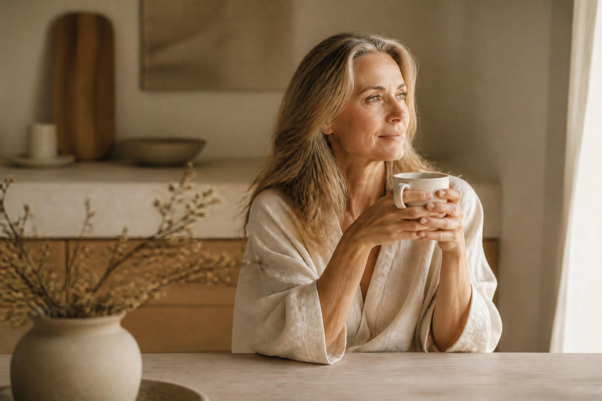 A woman sitting at a sunlit kitchen table holding a mug, looking thoughtfully into the distance